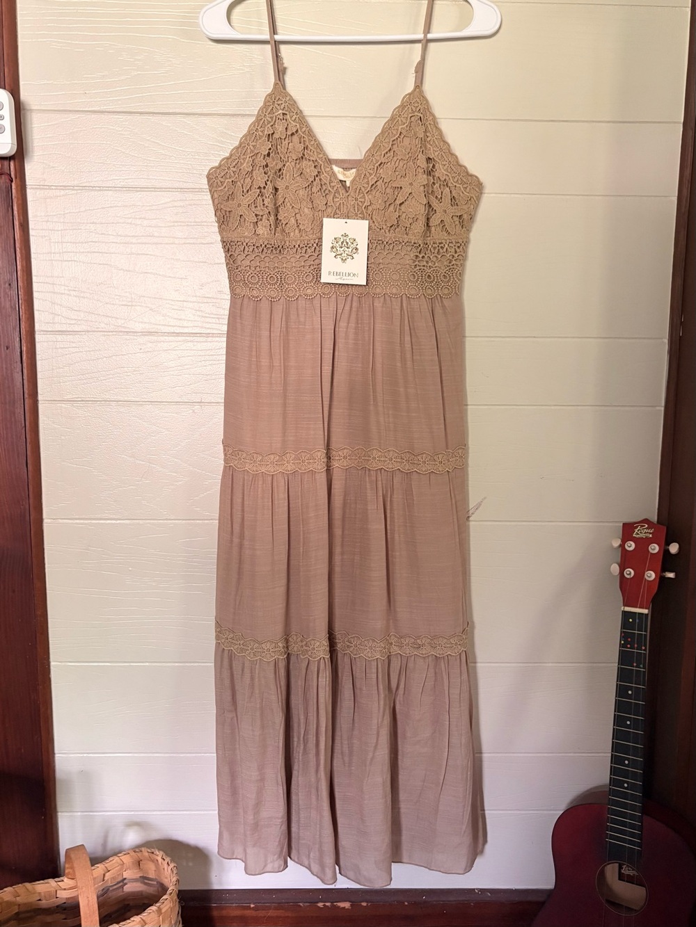 Boho Crochet Bodice Tier Maxi Summer Beach Sun Dress Neutral Taupe M NWT Beachy